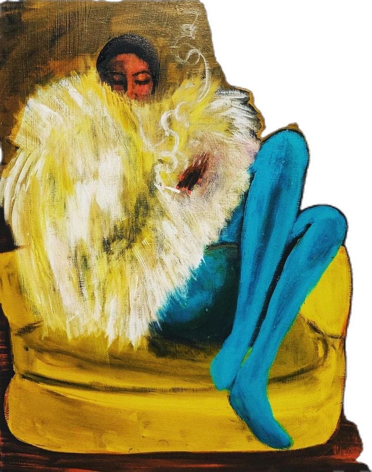 This may contain: a painting of a person sitting on a yellow chair This may contain: a painting of a person sitting on a yellow chair