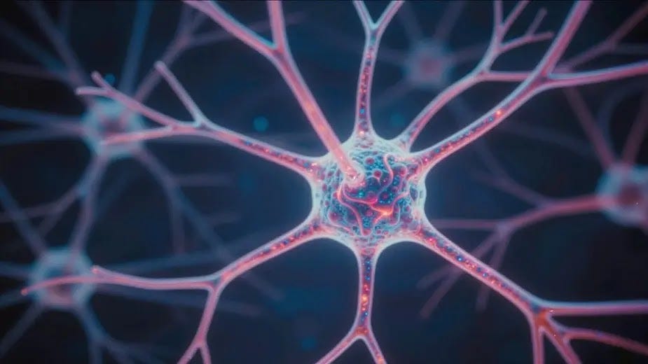 An abstract depiction of interconnected brain cells, with vibrant, branching dendrite membranes forming a colorful intricate and complex neural network. Vibrant gradients, flowing lines, and luminous highlights emphasize the complexity and beauty of neuronal communication.