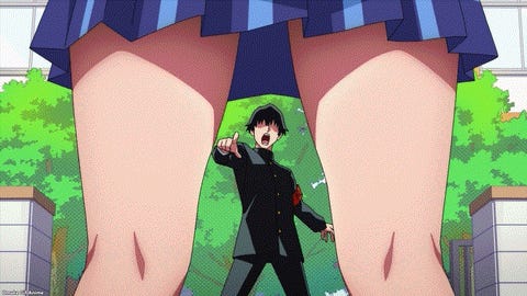 Ponkotsu Fuuki Iin to Skirt-take ga Futekisetsu na JK no Hanashi &mdash; Episode 1 &mdash; Tougo Points at Poem's Short Skirt