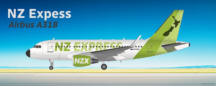 Airbus A318 (L) and Airbus A319ceo (R), seen in the NZ Express 2007-present "Kiwi" livery, both displayed in side view while in midflight. Both types have been part of the NZ Express fleet since 2007.