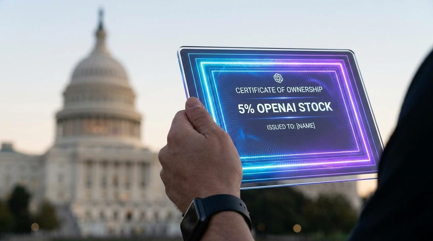 Cận cảnh một bàn tay cầm một chứng chỉ phát sáng tượng trưng cho '5% OPENAI STOCK', phía sau là tòa nhà Quốc hội Mỹ mờ ảo. Cận cảnh một bàn tay cầm một chứng chỉ phát sáng tượng trưng cho '5% OPENAI STOCK', phía sau là tòa nhà Quốc hội Mỹ mờ ảo.