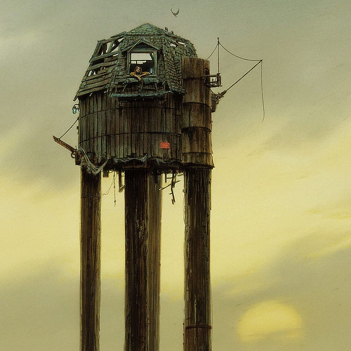 LEFT: Close detail from WATCHTOWER featuring a woman high up as she rests her arms over the window sill of the treehouse-like structure. A television screen can barely be seen in the lower corner near her elbow. The hexagonal roof descends from a point looking like the top of a silo or an old water tower. One panel beside the window is still shingled but the opposite side is dilapidated with weathered boards showing through. Wire is strung on a vertical rod draping to another on a 45 degree angle in what appears to be a makeshift antenna. RIGHT: Detail from WATCHTOWER featuring a path of rocks and gravel winding across the sand back to a shallow pool of water. The base of wood pylons are reflected in the surface.