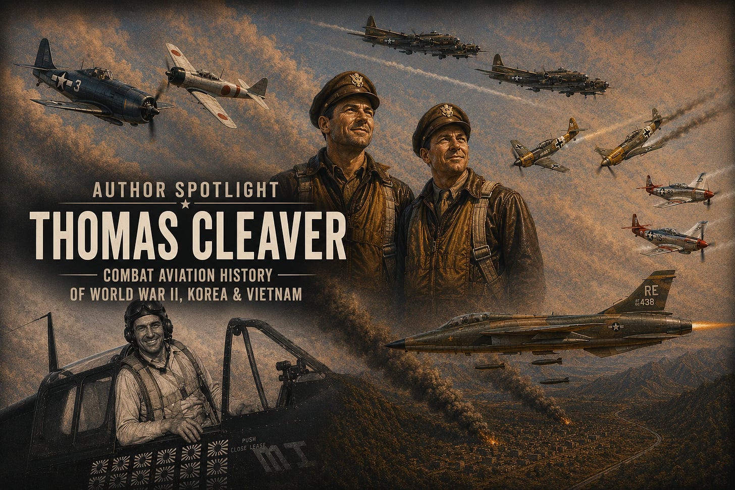 Author Spotlight graphic for Thomas Cleaver featuring World War II, Korea, and Vietnam combat aircraft over a wartime aviation backdrop. Author Spotlight graphic for Thomas Cleaver featuring World War II, Korea, and Vietnam combat aircraft over a wartime aviation backdrop.