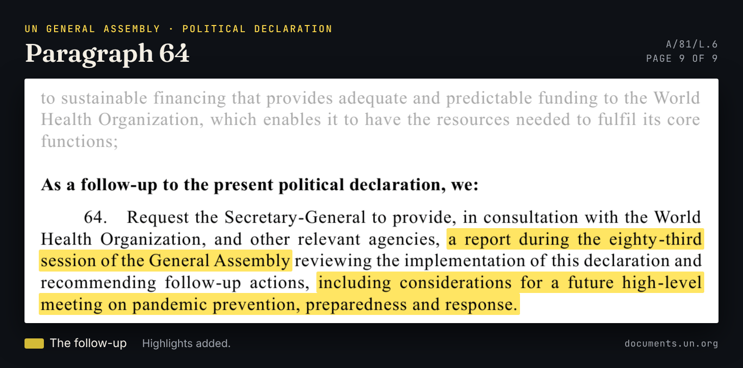 Paragraph 64 of A/81/L.6, with highlights on “a report during the eighty-third session of the General Assembly” and “including considerations for a future high-level meeting on pandemic prevention, preparedness and response.”
