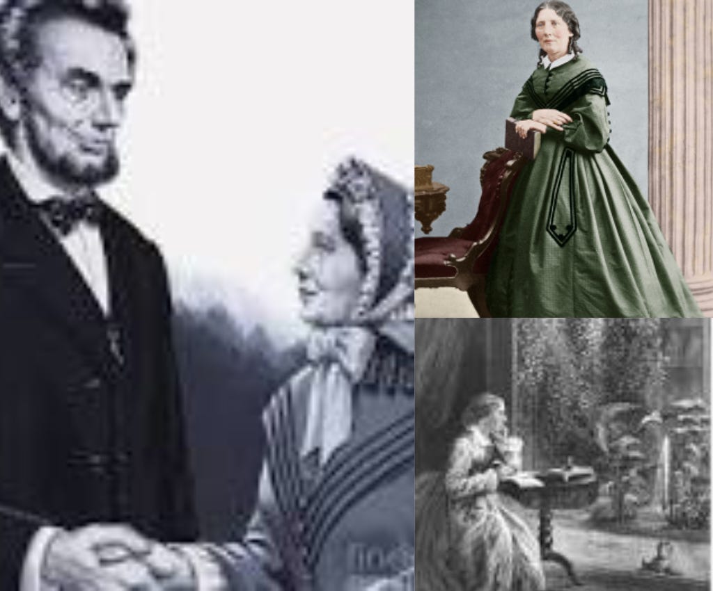 Black and white photo of Harriet Beecher Stowe shaking hands with President Abraham Lincoln. Stowe in a green dress standing with her hands on the back of her writing chair. Black and white photo of Stowe siting at her writing desk with a dog sleeping at her feet.