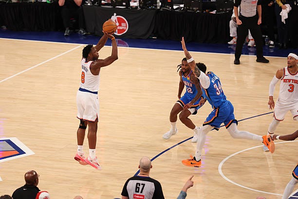 Og Anunoby of the New York Knicks attempts to shoot the game tying three-point basket during the fourth quarter against the Oklahoma City Thunder at... Og Anunoby of the New York Knicks attempts to shoot the game tying three-point basket during the fourth quarter against the Oklahoma City Thunder at...