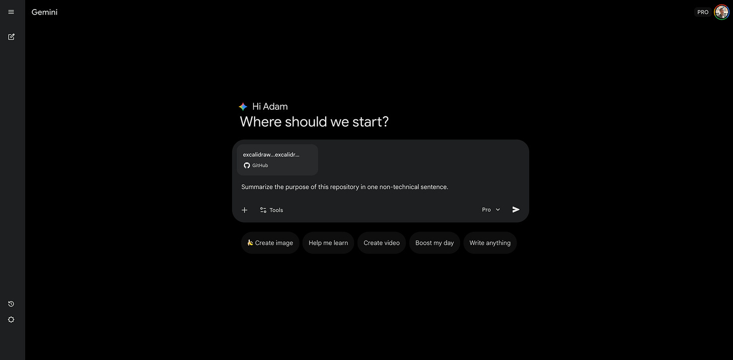 Screenshot of the Gemini chat input showing the imported Excalidraw repository and a typed prompt.