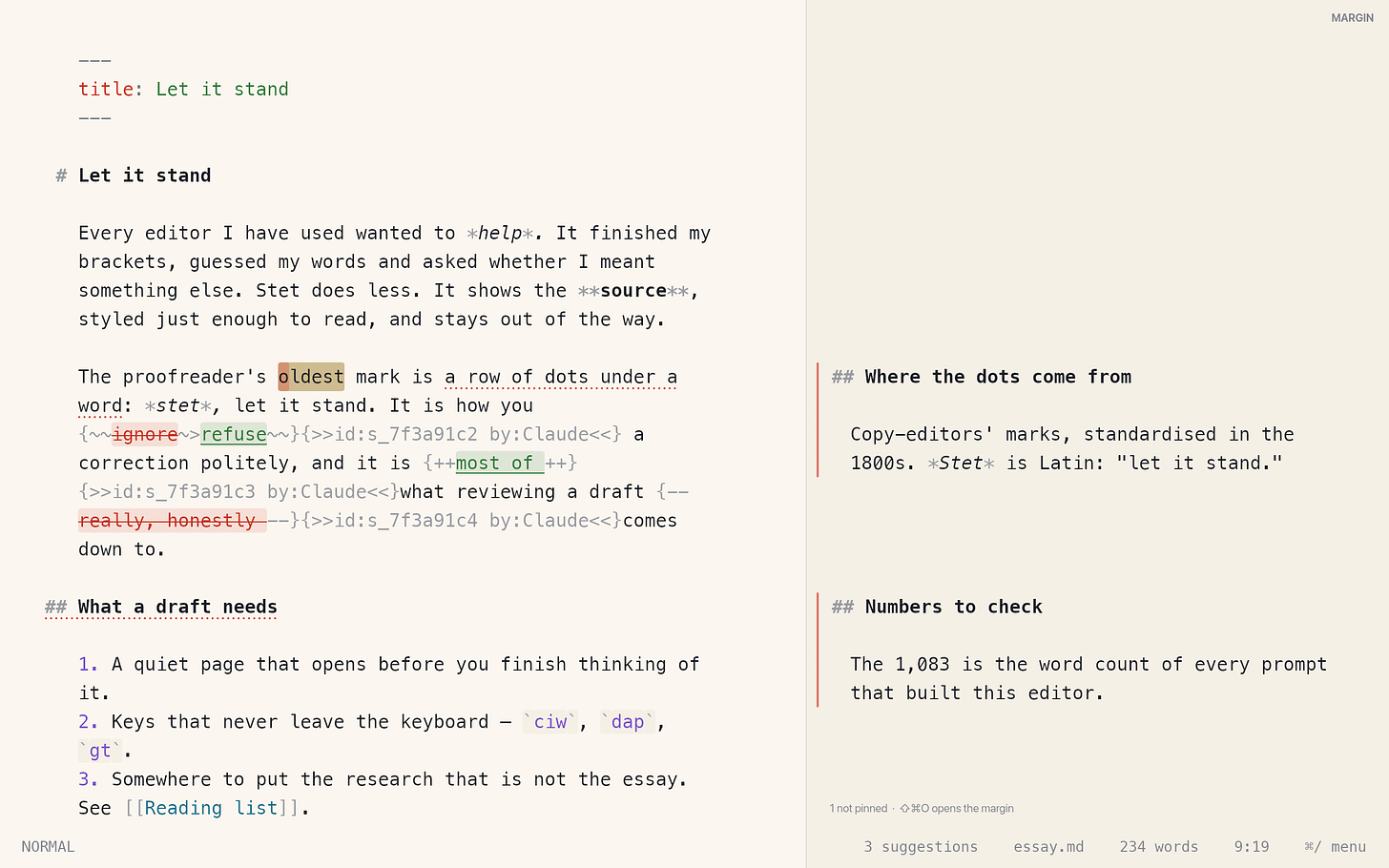 Stet with an essay on the left and the margin on the right: notes pinned beside the sentences they belong to. Stet with an essay on the left and the margin on the right: notes pinned beside the sentences they belong to.