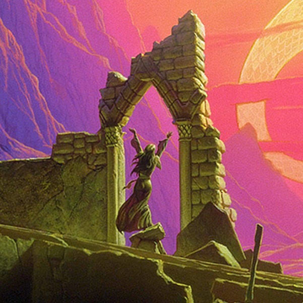 LEFT: Figure detail from ANACKIRE featuring a sorceress in a long dress standing among ruins . Viewed from behind, she’s framed by a pointed archway as she throws her arms up in a V.  RIGHT: Creature detail from ANACKIRE featuring the eight-armed golden, glowing goddess with a snake tail floating in brilliant yellow-orange sky.