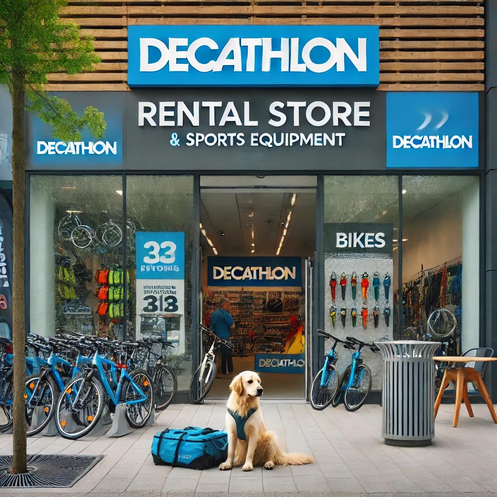 A Decathlon rental store with bikes and sports equipment, a dog sitting by the entrance