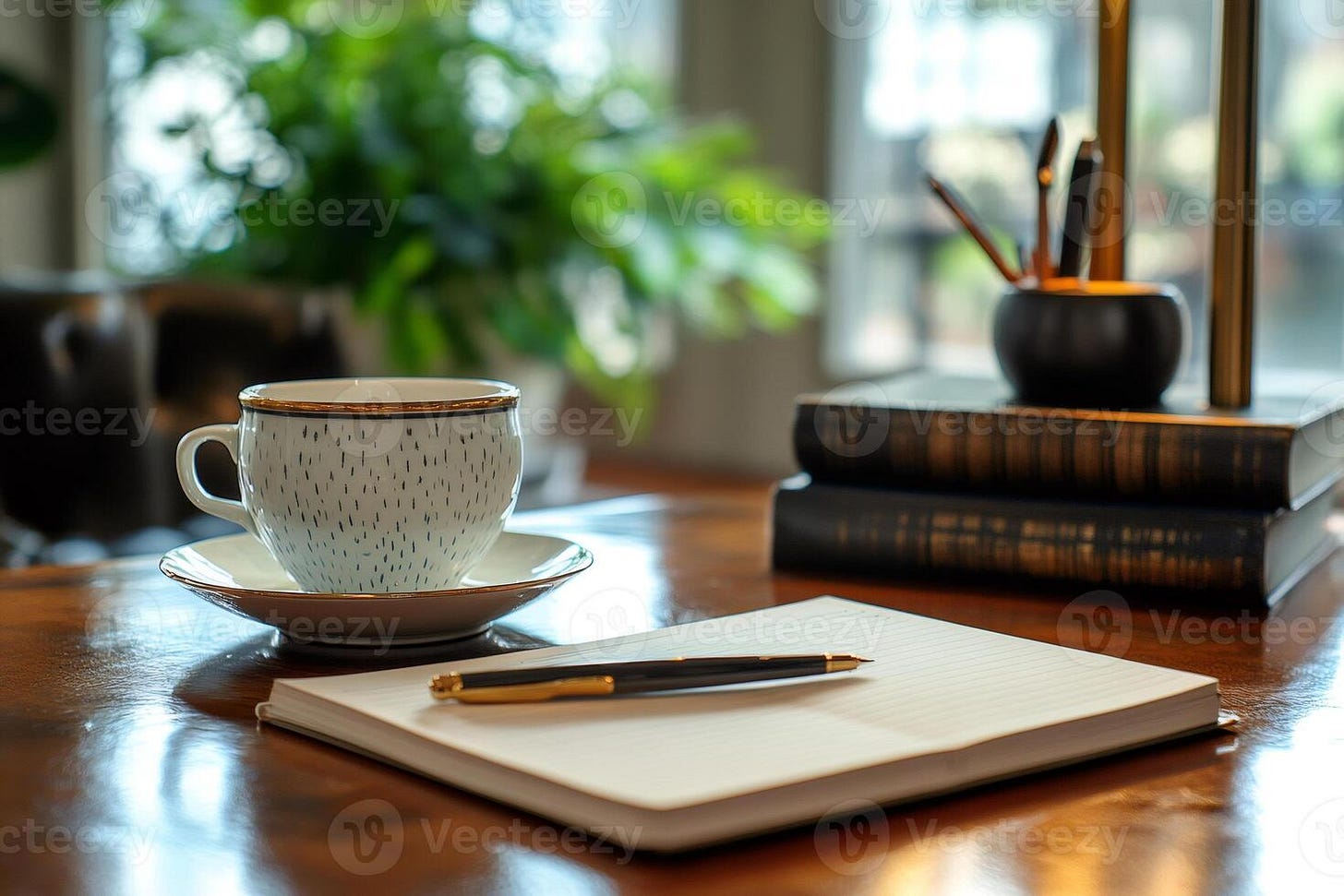 Teacup, notebook and pen sitting on wooden desk, suggesting upcoming writing  session 61901126 Stock Photo at Vecteezy
