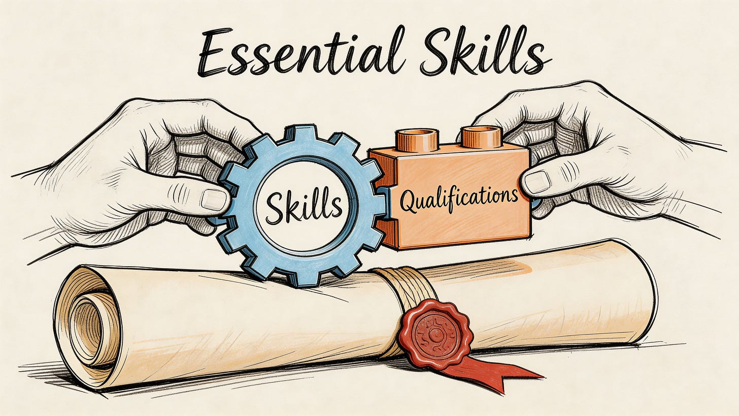 Hands assembling a blue gear labeled Skills and an orange block labeled Qualifications on a parchment scroll.