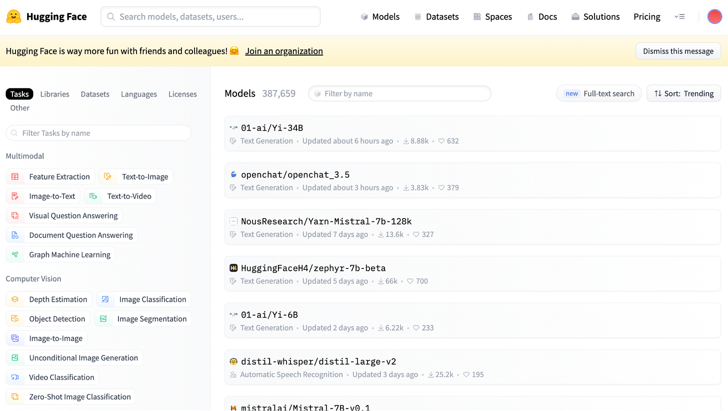 Screenshot of Hugging Face Model Hub main view. Screenshot of Hugging Face Model Hub main view.