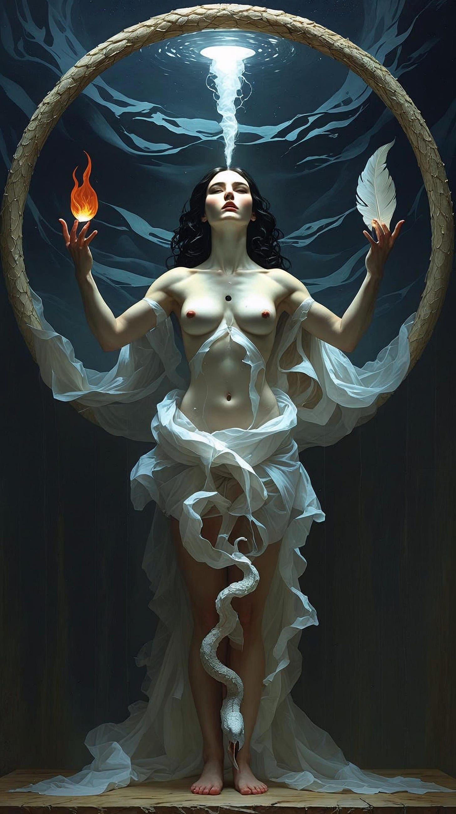 Pintura digital em estilo chiaroscuro de Caravaggio representando uma Mulher Vitruviana Alquímica. Ela segura símbolos de fogo e água, envolta por um Ouroboros, com textura de pintura a óleo e iluminação dramática contra um fundo escuro abissal.