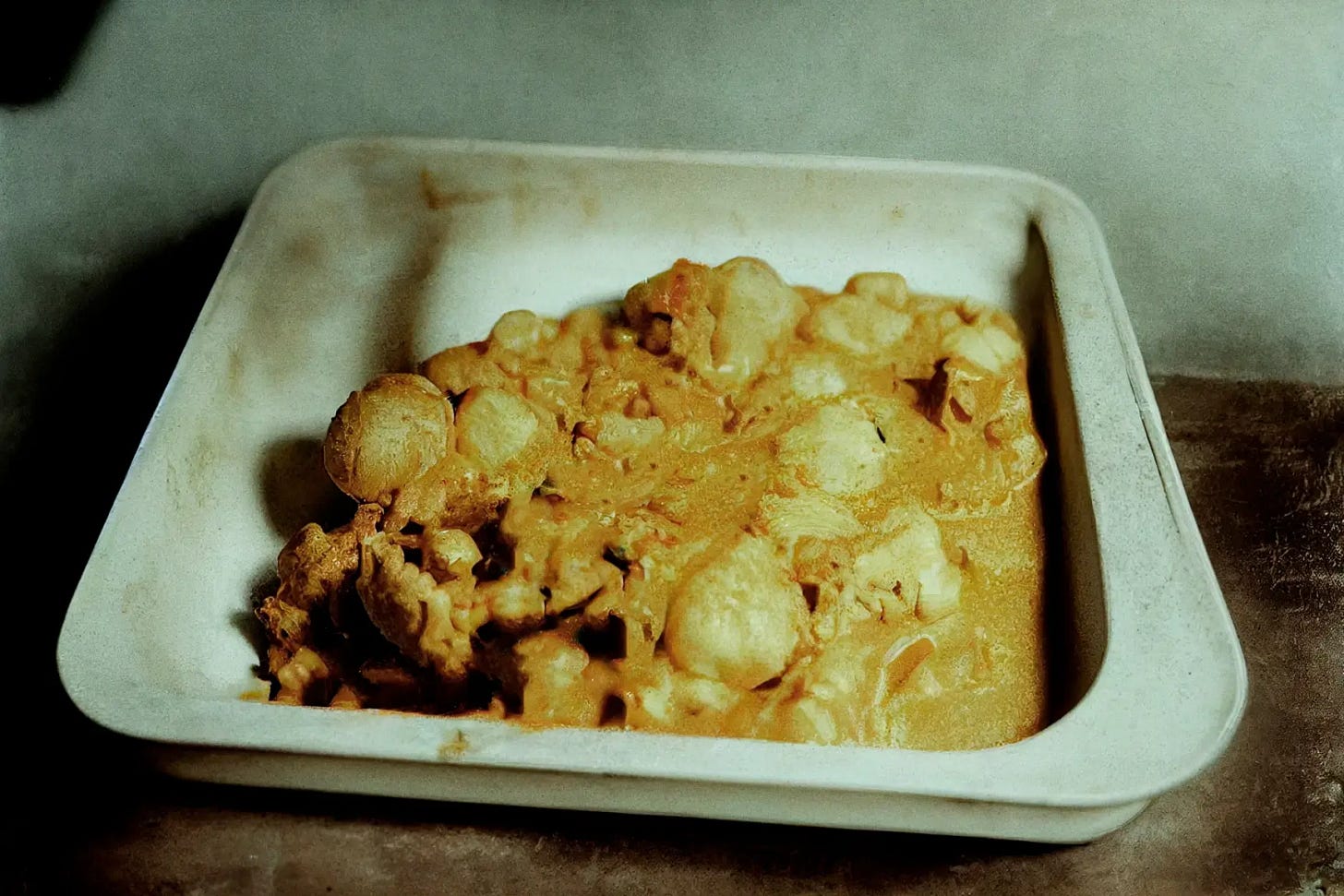 Dirty square plate containing meat