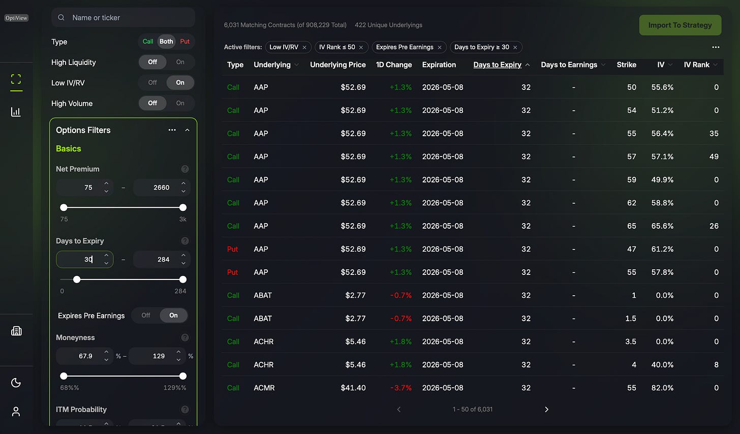 OptiScan with pre-earnings filter applied, showing options that expire before upcoming earnings announcements
