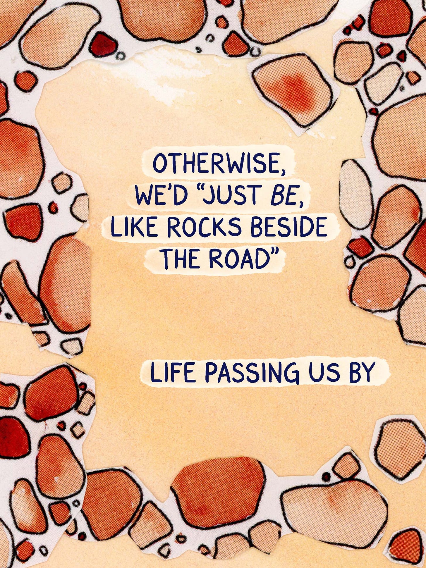  Watercolor comic page by graphic novelist K. Woodman-Maynard that reads “Otherwise, we’d “just be like rocks beside the road.” Life passing us by.” 