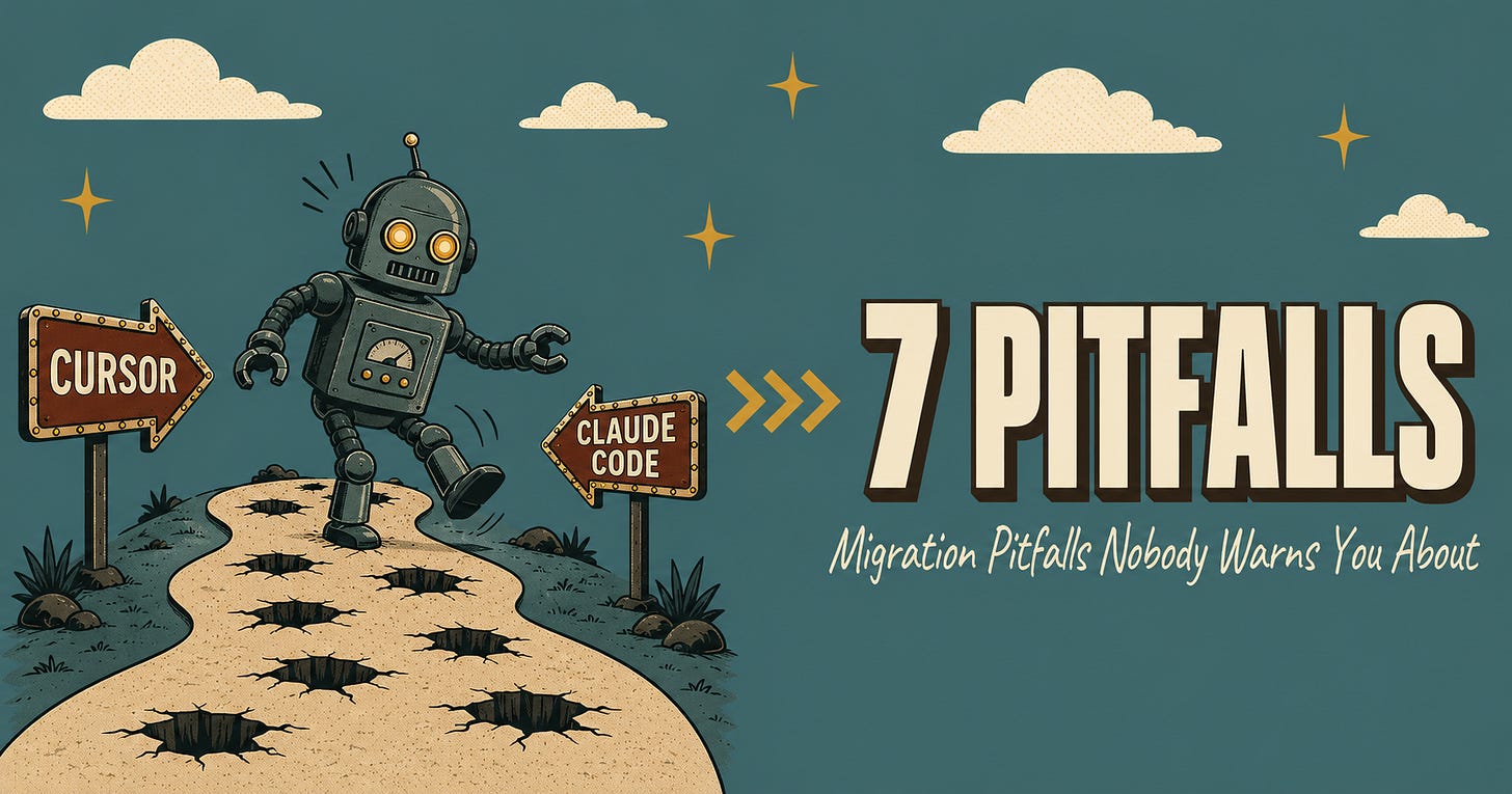Hero image for Cursor to Claude Code migration guide showing retro robot navigating seven pitfalls on a path between IDE and terminal