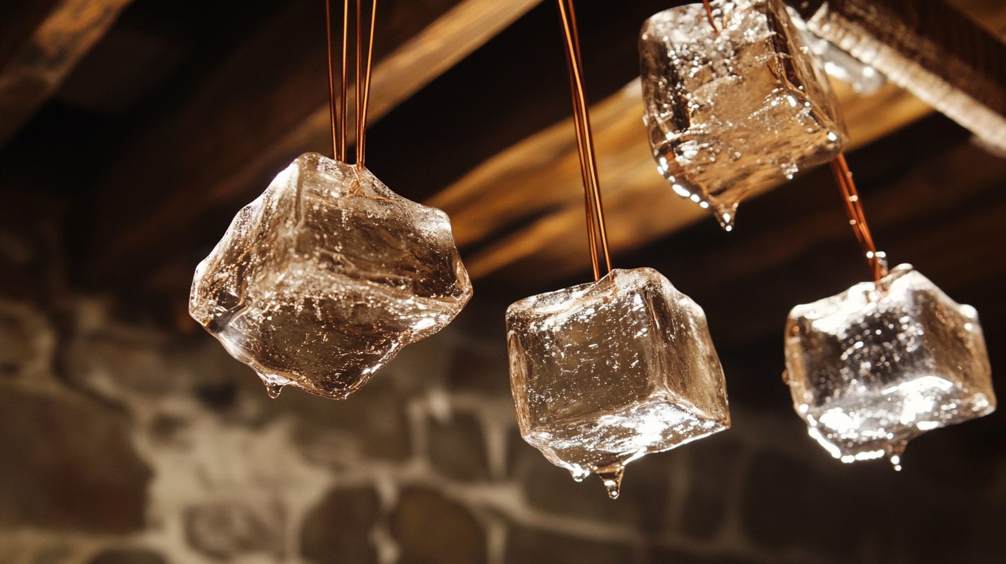 He suspended dozens of ice cubes with copper wire from the kitchen rafters, recording their melting patterns with time-lapse photography. --ar 16:9 --v 6.1 He suspended dozens of ice cubes with copper wire from the kitchen rafters, recording their melting patterns with time-lapse photography. --ar 16:9 --v 6.1