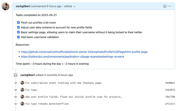 Screenshot of Github pull request:

Tasks completed on 2023-04-21
[x] Flesh out profiles a bit more
[x] Adjust user data schema to account for new profile fields
[x] Basic settings page, allowing users to claim their username without it being locked to their twitter
[x] Add basic username validation

Resources:
- https://github.com/creativetimofficial/tailwind-starter-kit/tree/main/Profile%20Page/html-profile-page
- https://tailwindui.com/components/application-ui/page-examples/settings-screens

Time spent: ~3 hours during the day + ~2 hours in evening