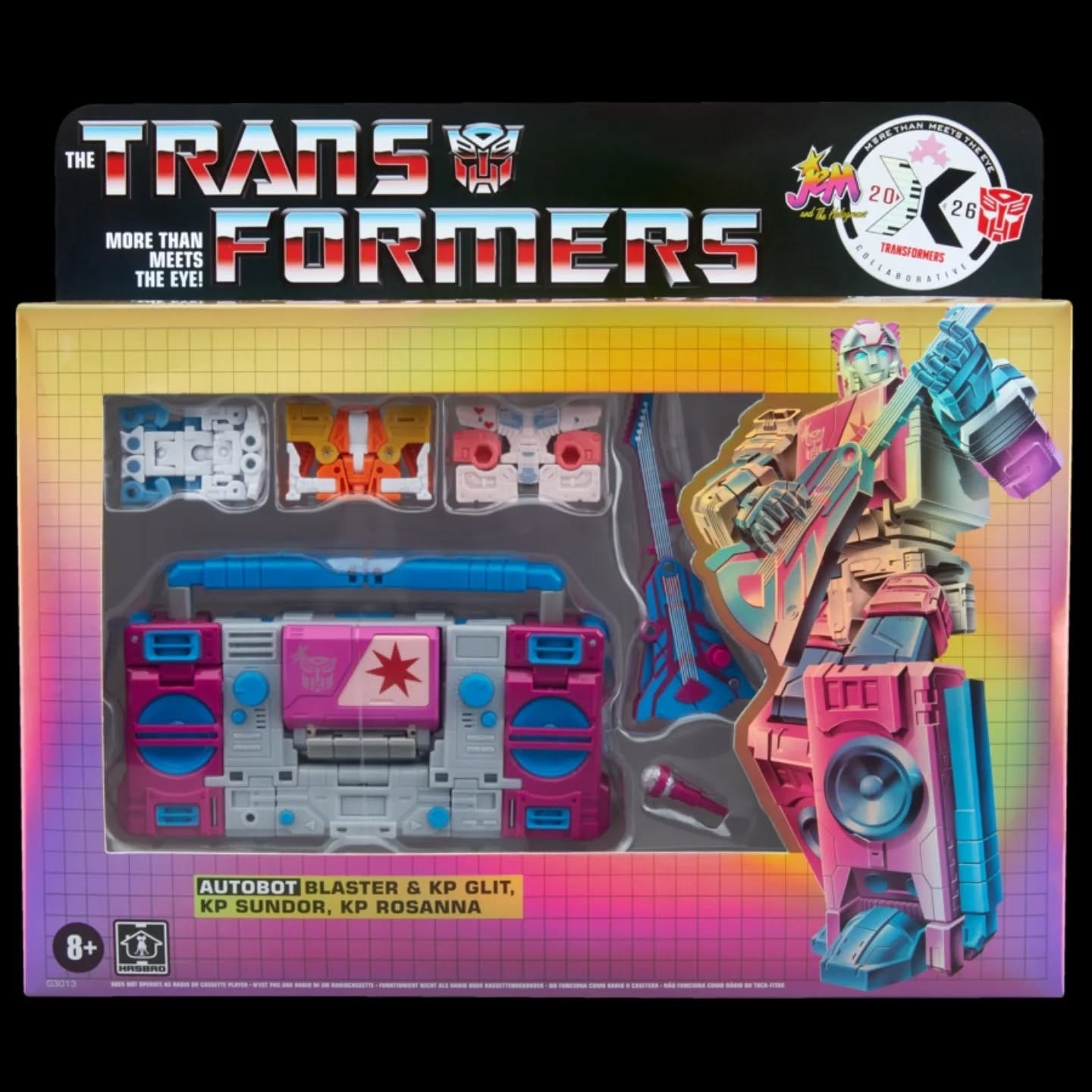 May be an image of toy and text that says 'THE TRANS KaT MORE THAN EYE! EETS FORMERS MEETS THE 20 26 果RSFORNERS 悪動良 講師 血 8+ AUTOBOT BLASTER AUTOBOTBLASTER&KPGLIT, & KP GLIT, KP SUNDOR, KP ROSANNA 03013 -'