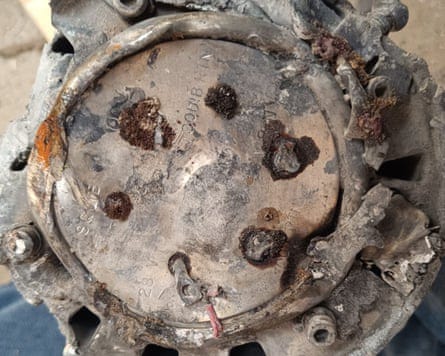 Closeup of a grey bomb fragment