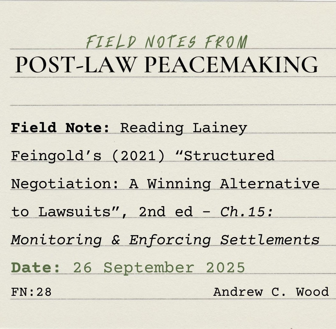 A square lined index card on which is typed; “FIELD NOTES FROM POST-LAW PEACEMAKING Field Note: Reading Lainey Feingold’s (2021) “Structured Negotiation: A Winning Alternative to Lawsuits”, 2nd ed - Ch.15: Monitoring & Enforcing Settlements Date: 26 September 2025 FN: 28 Andrew C. Wood