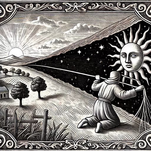 GPT-4o (edited): This black-and-white illustration, styled like a woodcut, depicts a person kneeling on the ground, pulling a rope that stretches to a distant horizon. This act has torn open a triangular gap in the fabric of the scene with one point at the horizon and the other two at the corners of the image near the person. Through this opening, a starry night is revealed with a large, radiant sun-like face, suggesting a hidden or alternate reality beyond the visible world. The foreground features a rural landscape with trees, hills, and a small house, illuminated by the setting sun on the horizon. The image is framed with intricate decorative borders, adding to its vintage and mystical appearance. The artwork conveys themes of exploration, revelation, and the unveiling of hidden truths.