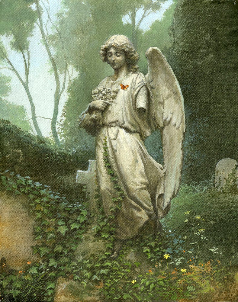 An orange butterfly settles on the chest of an angel statue. Its eyes are closed solemnly, and the left arm is broken off while the right is clutching a bouquet of flowers. Green and orange wildflowers dot the slope leading up to the statue, and strands of ivy creep up the angel's robes. A cross-shaped gravestone is partially obscured by the angel. Another rounded headstone sits at the right edge of the frame. Otherwise, the background is filled with greenery that gives way to loosely rendered trees and a peek of pale blue sky. An orange butterfly settles on the chest of an angel statue. Its eyes are closed solemnly, and the left arm is broken off while the right is clutching a bouquet of flowers. Green and orange wildflowers dot the slope leading up to the statue, and strands of ivy creep up the angel's robes. A cross-shaped gravestone is partially obscured by the angel. Another rounded headstone sits at the right edge of the frame. Otherwise, the background is filled with greenery that gives way to loosely rendered trees and a peek of pale blue sky.