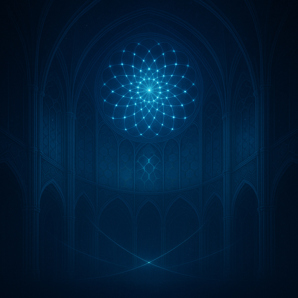 Ethereal Gothic nave in cool blues with hexagonal “stained glass”; a luminous rose window made of interference chords glows at the far end.