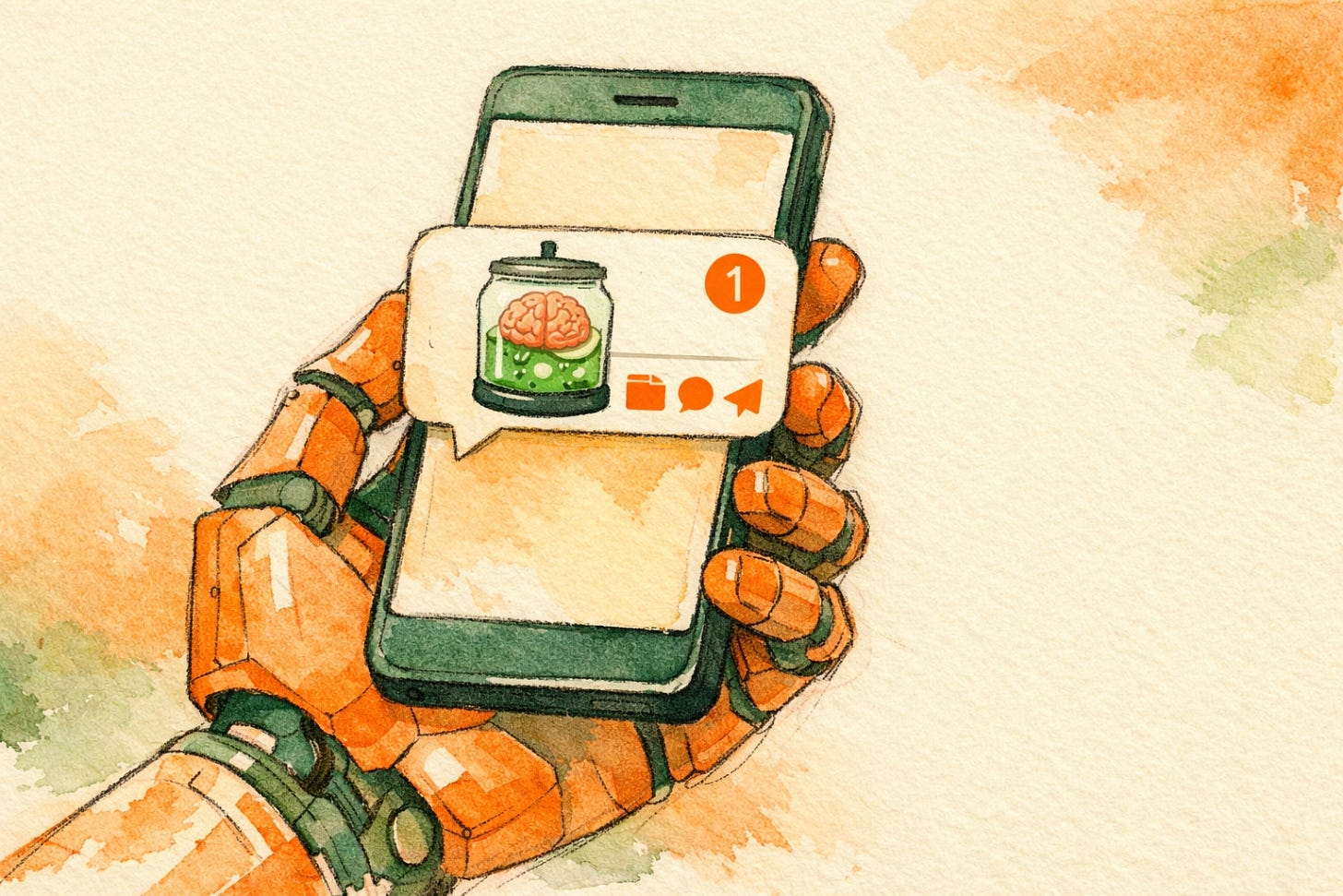 Robotic Hand holding a smartphone notification from a Brain in a Jar icon Robotic Hand holding a smartphone notification from a Brain in a Jar icon