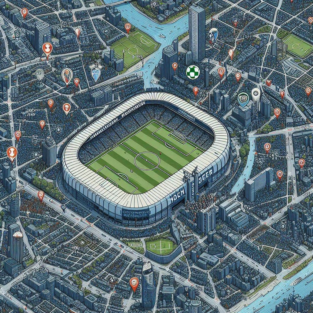 a map of fan locations in relation to a soccer venue across a whole city