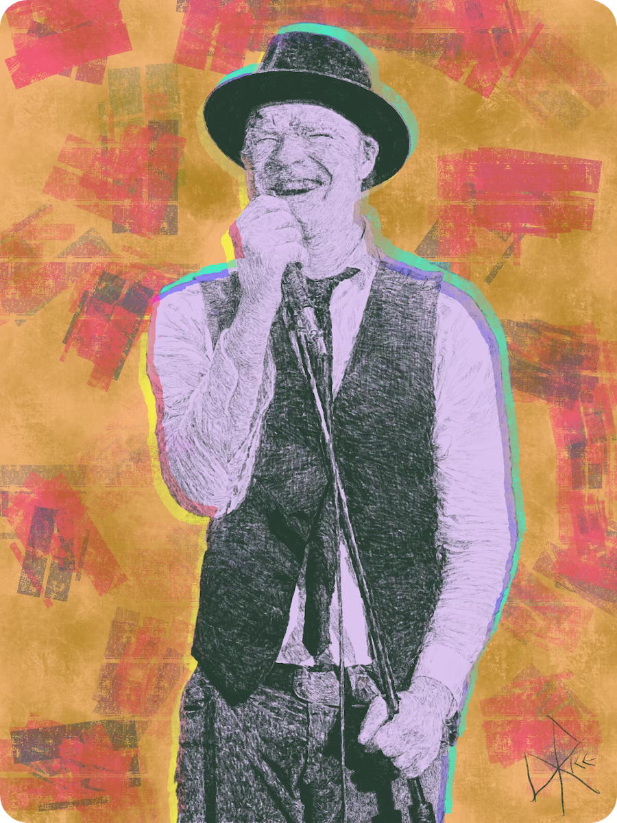 Photo: Moyia Misner-Pellow. 2013. --CC BY-SA 2.0. Sketch art by Don Rice. Gord Downie was a Canadian rock singer-songwriter, musician, writer, poet, and activist. He was the singer and lyricist for the Canadian rock band The Tragically Hip, which he fronted from its formation in 1984 until his death in 2017. He is revered by many as an inspiring and influential artist in Canada's music history. Photo: Moyia Misner-Pellow. 2013. --CC BY-SA 2.0. Sketch art by Don Rice. Gord Downie was a Canadian rock singer-songwriter, musician, writer, poet, and activist. He was the singer and lyricist for the Canadian rock band The Tragically Hip, which he fronted from its formation in 1984 until his death in 2017. He is revered by many as an inspiring and influential artist in Canada's music history.