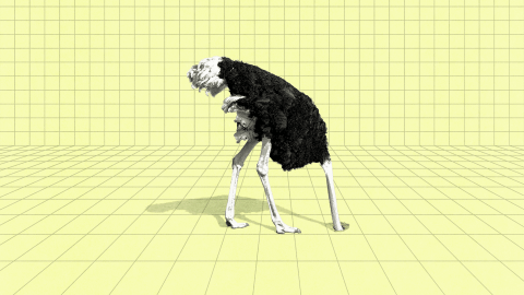 An ostrich with its head buried in a grid-patterned yellow floor against a matching grid-patterned wall. An ostrich with its head buried in a grid-patterned yellow floor against a matching grid-patterned wall.