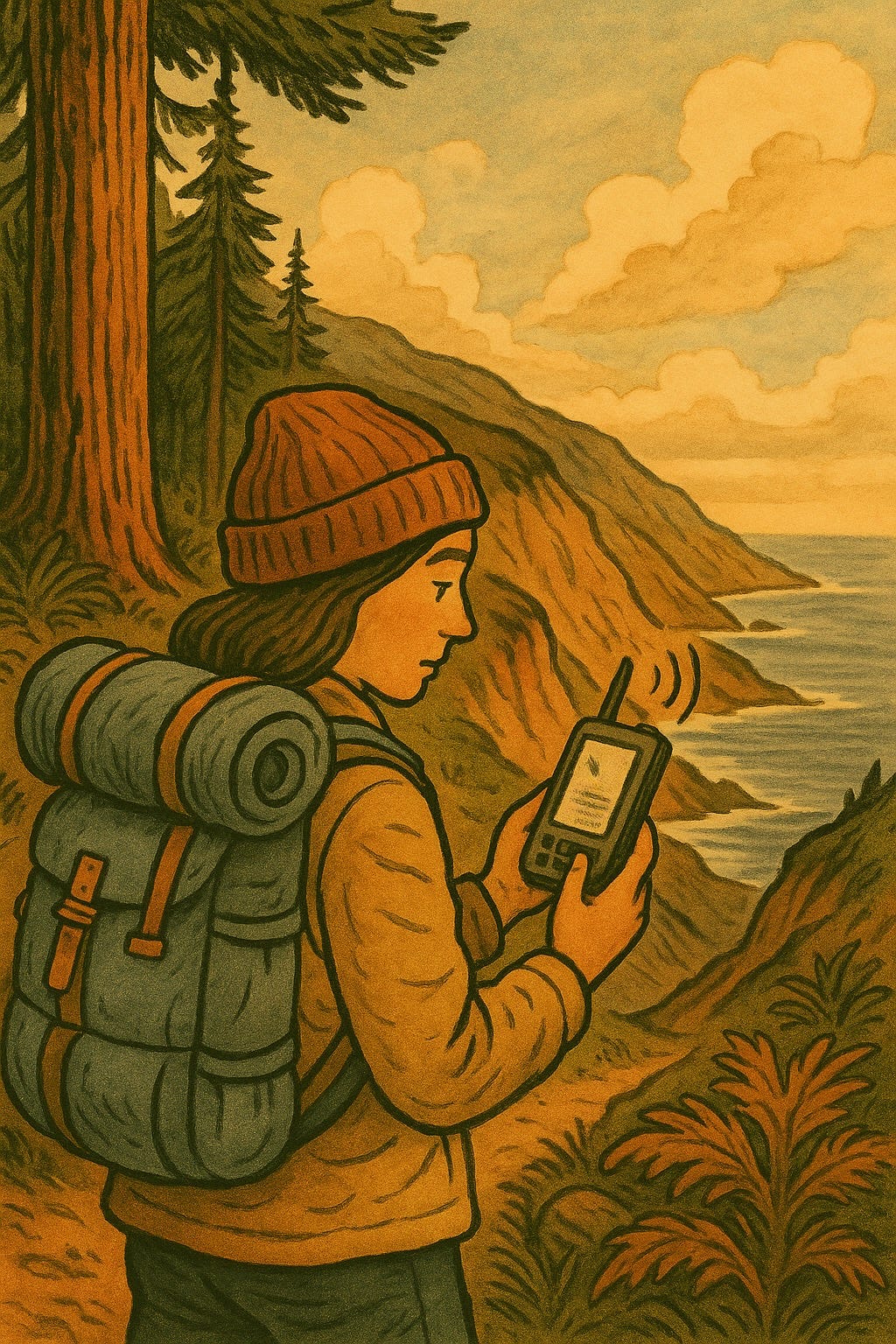 Woman backpacker using a satellite messaging device on a coastal trail, with a view of cliffs and ocean in the background — solo hiking safety illustration.