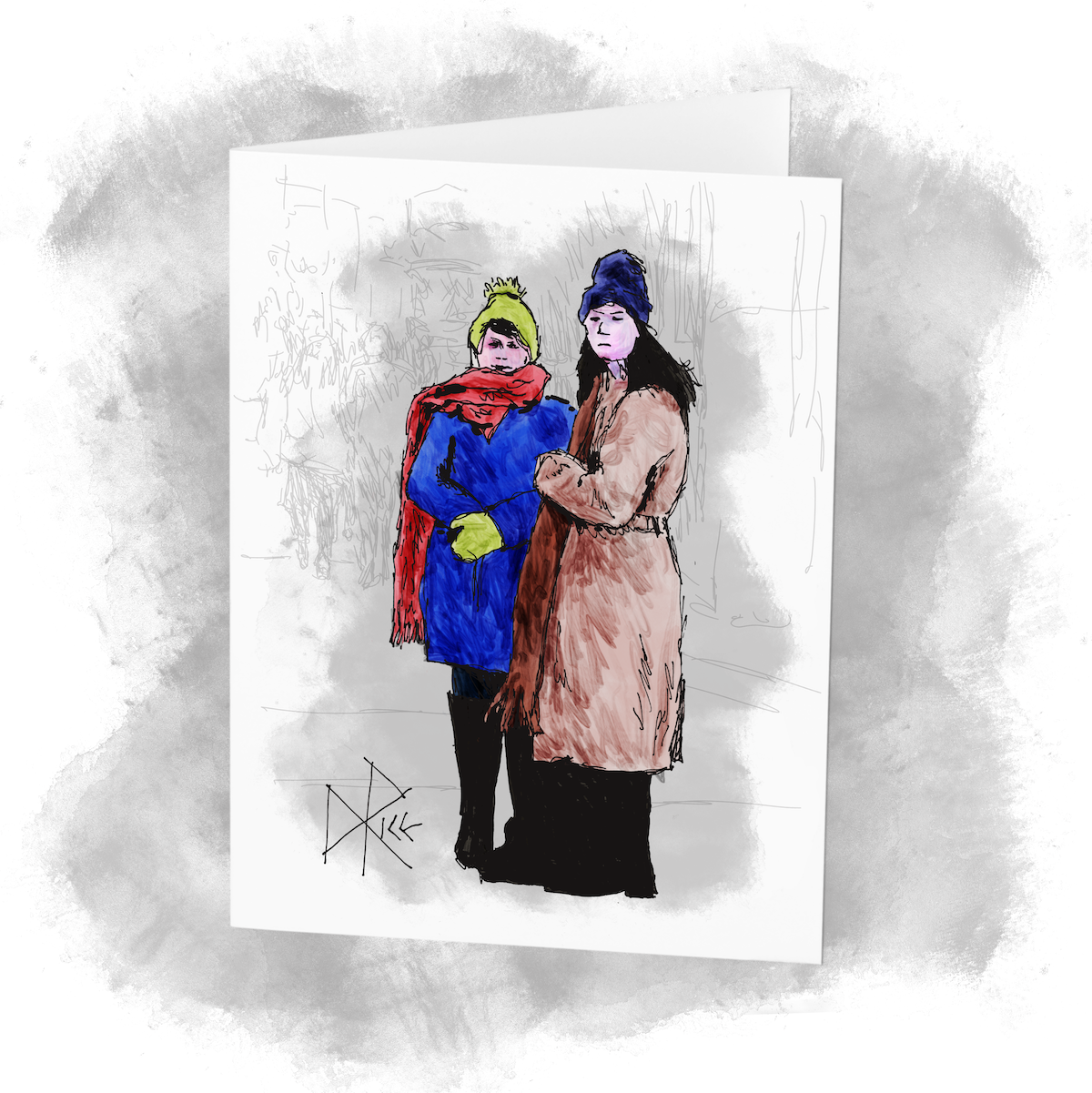 Keeping each other company, two women in winter clothing wait to transform into a crowd when a third finally joins them. Sketch art by Don Rice. Keeping each other company, two women in winter clothing wait to transform into a crowd when a third finally joins them. Sketch art by Don Rice.