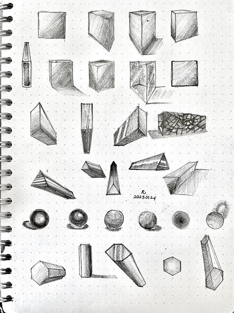 Various sketch of figures, proportion, and materials