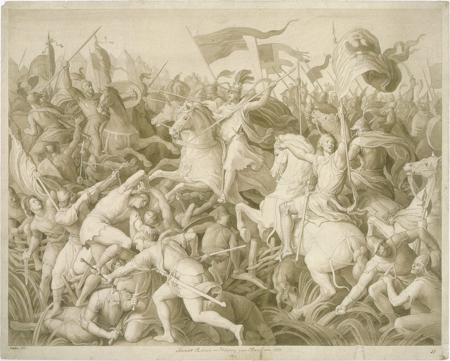 Battle on the Marchfeld, taken from https://en.wikipedia.org/wiki/Battle_on_the_Marchfeld#/media/File:Schnorr_von_Carolsfeld_-_Die_Schlacht_Rudolfs_von_Habsburg_gegen_Ottokar_von_B%C3%B6hmen.jpg