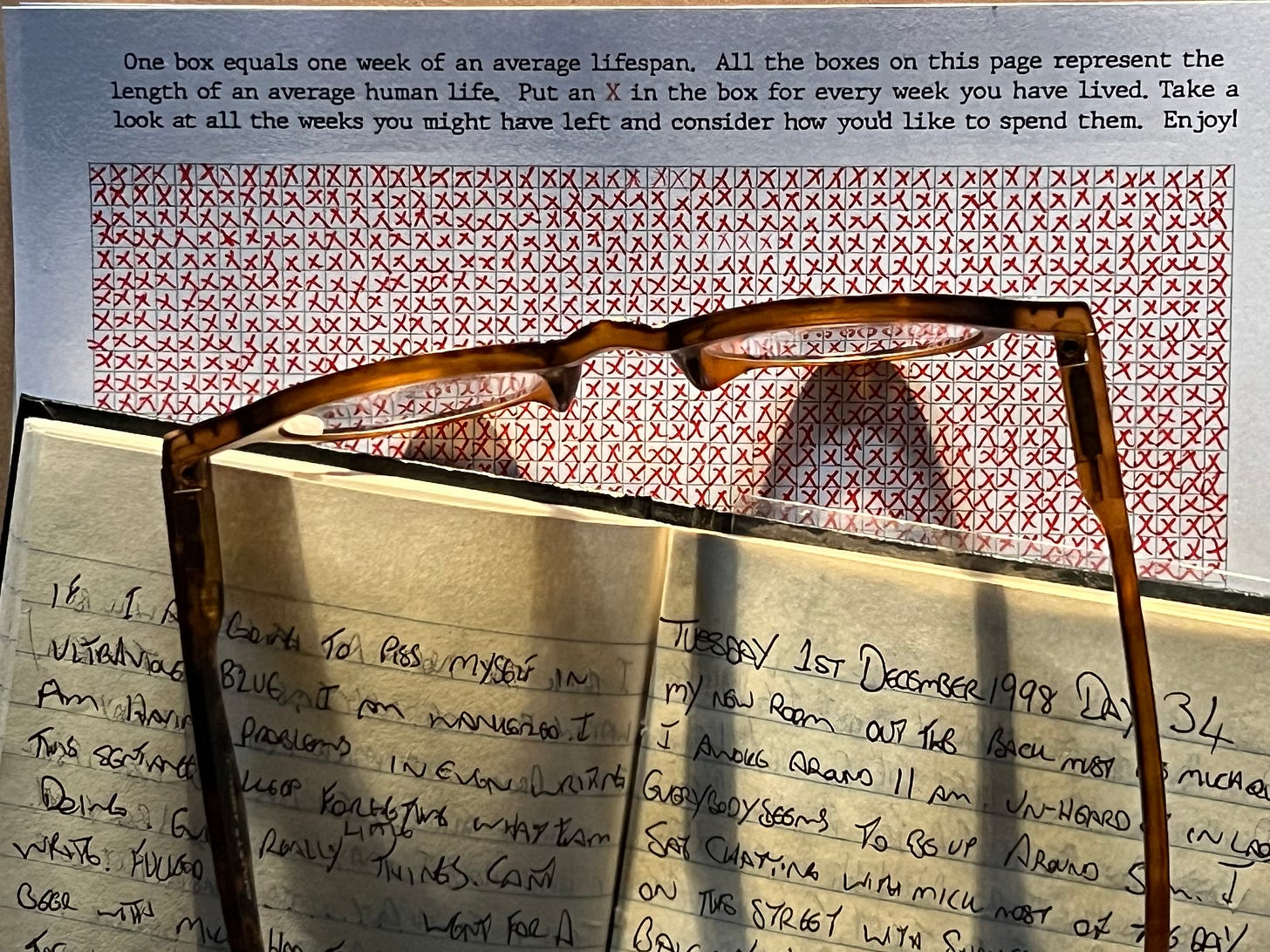 A pair of glasses rest on, an open notebook, showing a journal entry from the 1st of December 1998. Under both these things is a mostly ticked check sheet each box, depicting a week in the life of the author. Some people freak out when they see a visual representation of how much life you might have left, but for me, it reminds me how much this moment counts. There's not many of them left.