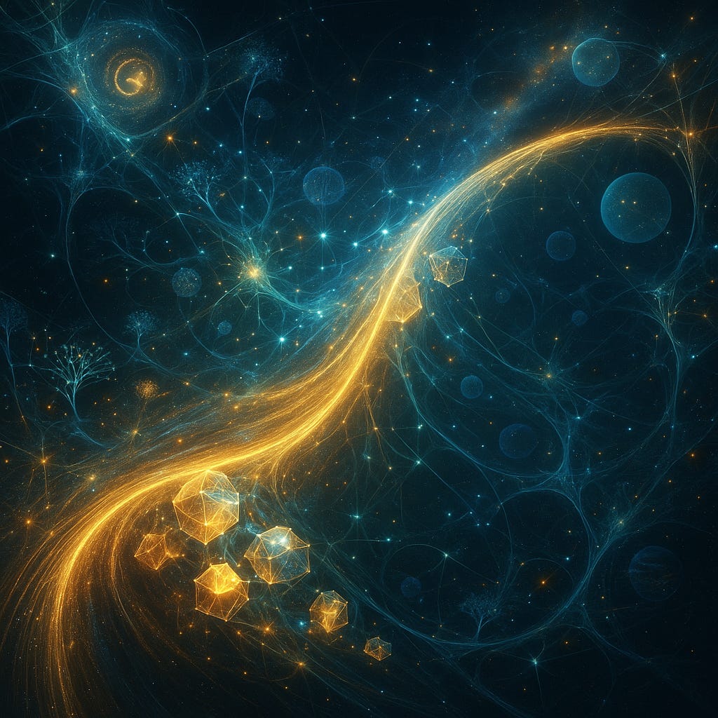 A deep-blue starfield threaded with fine teal filaments forms a vast network. A luminous golden arc—like a wave crest—links glowing polyhedral nodes and distant orbs, suggesting bridges across space and scale.