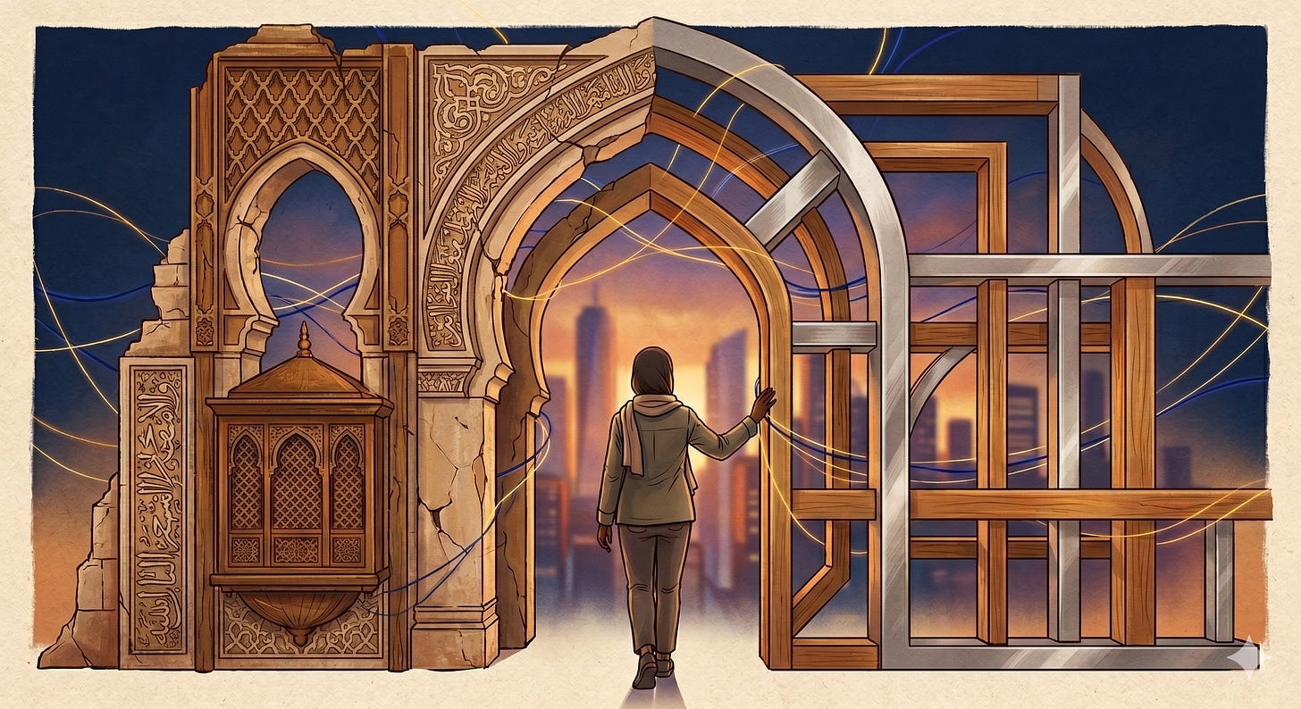 A metaphorical illustration shows a person viewed from behind, wearing contemporary casual clothes with a hijab, walking toward a large gateway that splits into two distinct styles. The left side is a fragment of ornate, traditional Middle Eastern and Islamic architecture made of weathered stone and wood, complete with a traditional carved balcony and calligraphic scripts, suggesting the 'ruins of inheritance'. This side looks somewhat cracked and crumbling. The right side seamlessly transforms into a simplified, stable, open framework made of modern materials like brushed metal and light wood, composed of clean geometric lines that interlock with the more traditional structure, suggesting the 'framework of choice' that is being built. Glowing, thin golden threads of light are interwoven throughout both the old and new structures, visualizing the 'weaving' of a new pattern of faith. In the background behind the arch, a stylized cityscape with modern skyscrapers is visible under a warm, cloudy sunset. The overall style is modern illustration with a textured, painterly finish on paper, using a warm color palette of blues, golds, and burnt oranges.