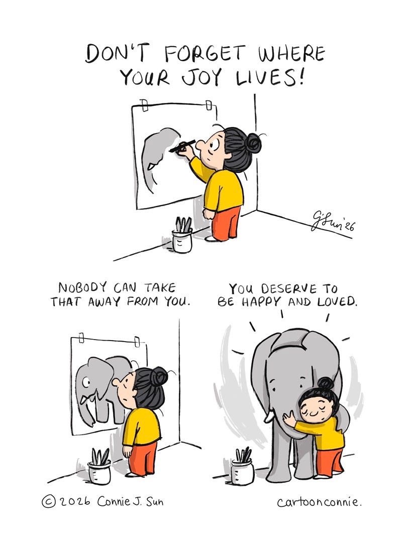 3-panel motivational comic strip illustrating the power of doing more of what brings you joy, like making art. The panels show a cartoon girl with a bun drawing and elephant and seeing it come to life. The characters hug in the final panel that contains an affirmation. Titled "Elephant Joy," 2026. Original art by Connie Sun, cartoonconnie. 