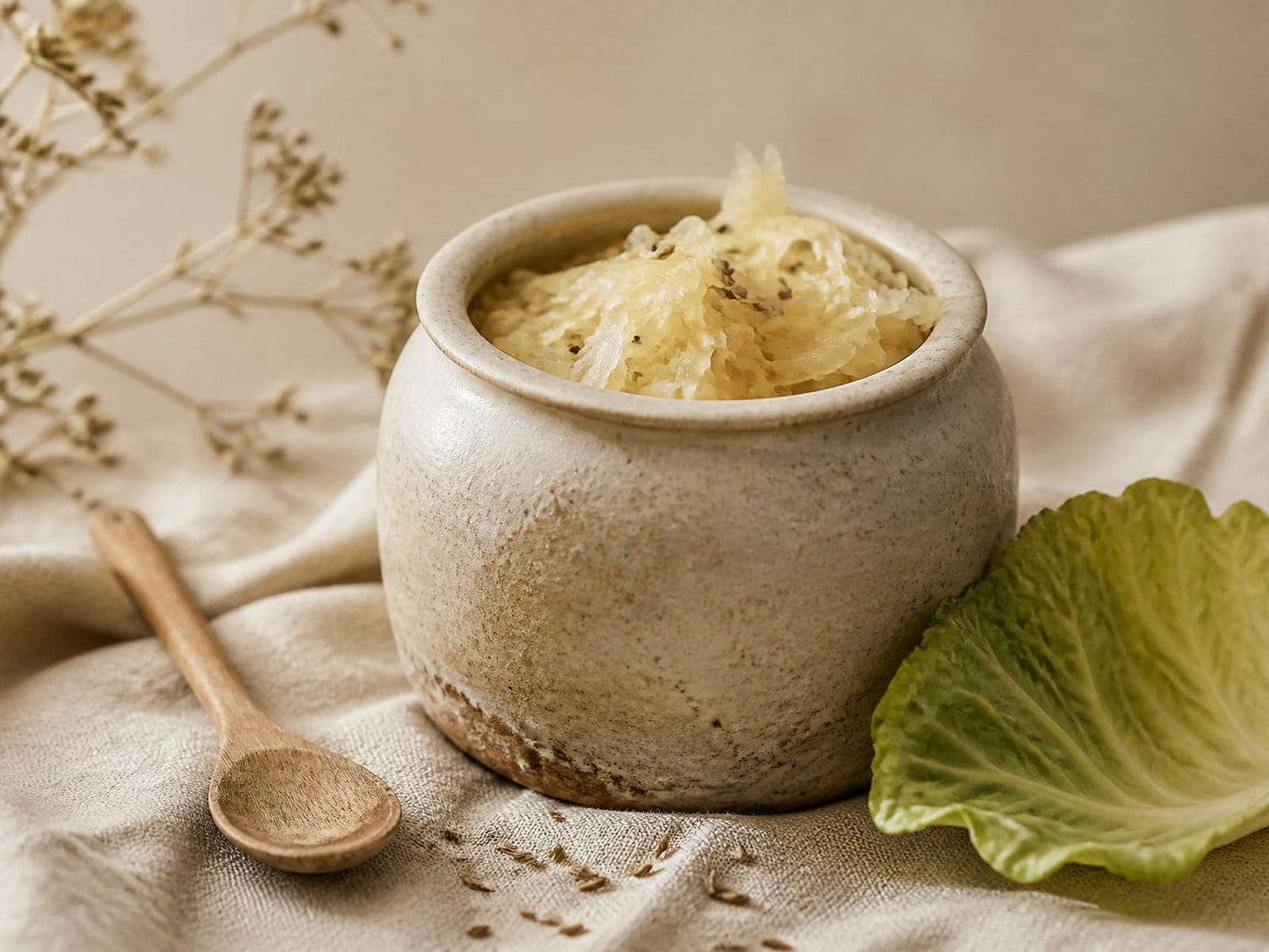 Fresh unpasteurized sauerkraut in a rustic ceramic pot next to a wooden spoon and a raw green cabbage leaf on a linen cloth. Fresh unpasteurized sauerkraut in a rustic ceramic pot next to a wooden spoon and a raw green cabbage leaf on a linen cloth.