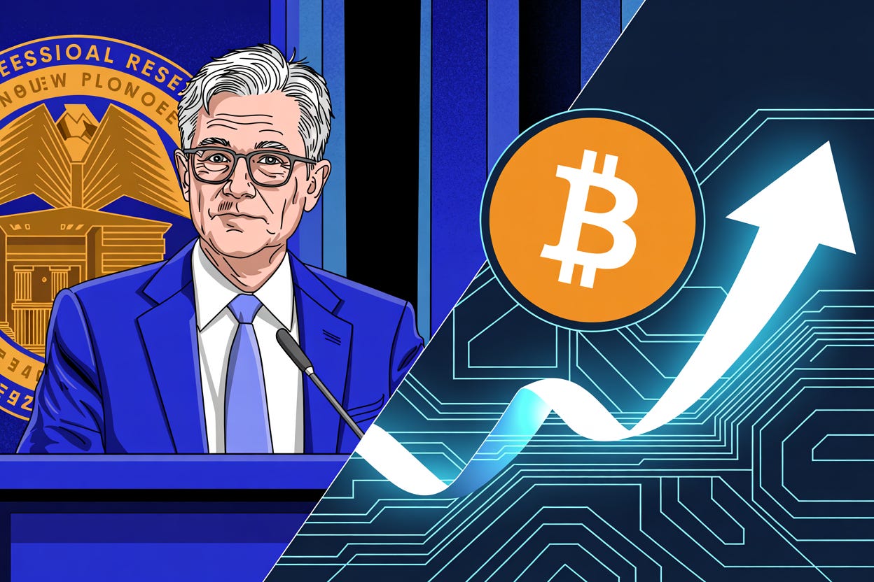 Fed Chair Jerome Powell at podium with concerned expression alongside Bitcoin logo and upward arrow, connected by digital circuit patterns