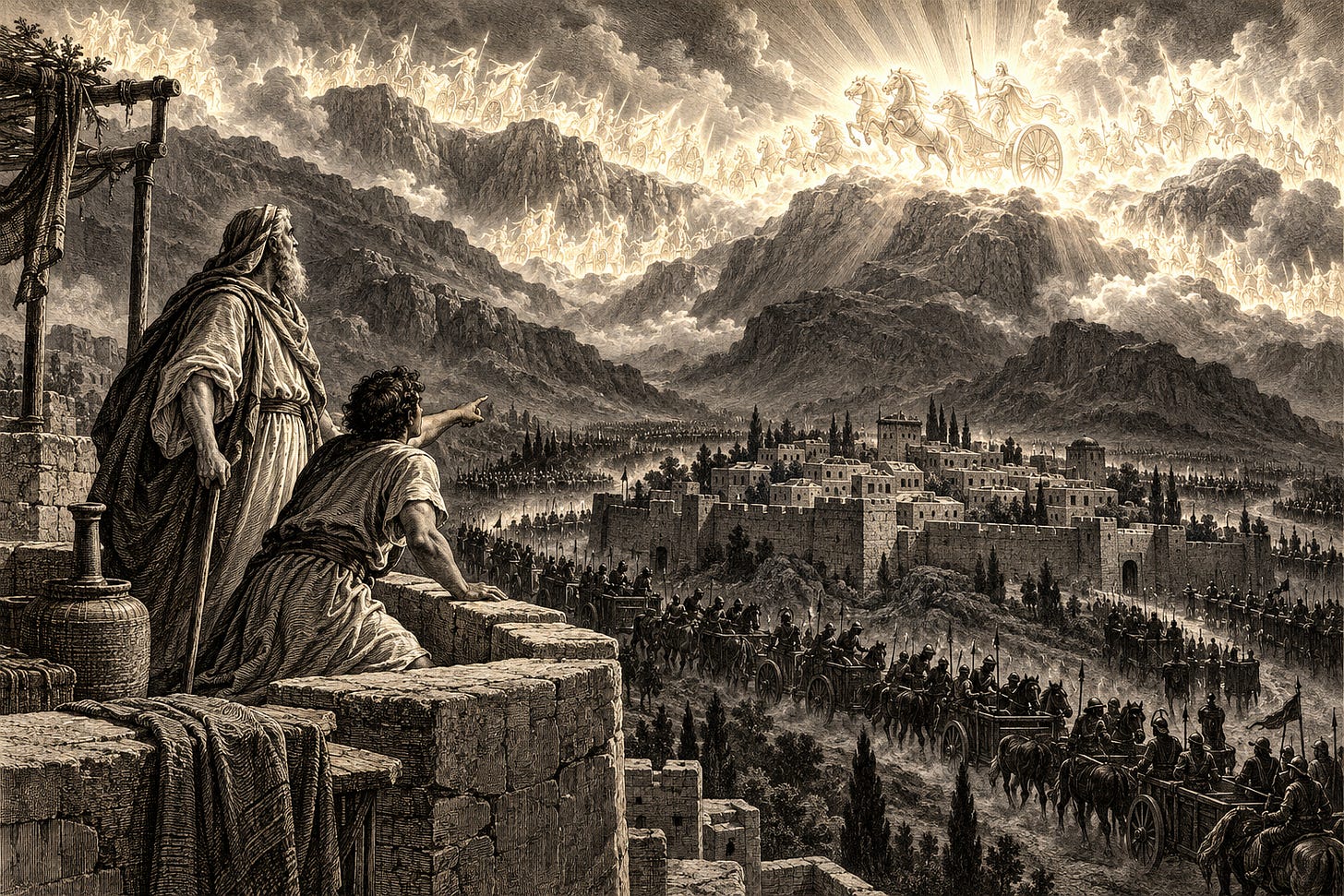 Elisha and his servant at Dothan looking at the mountain full of horses and chariots of fire (2 Kings 6:17)