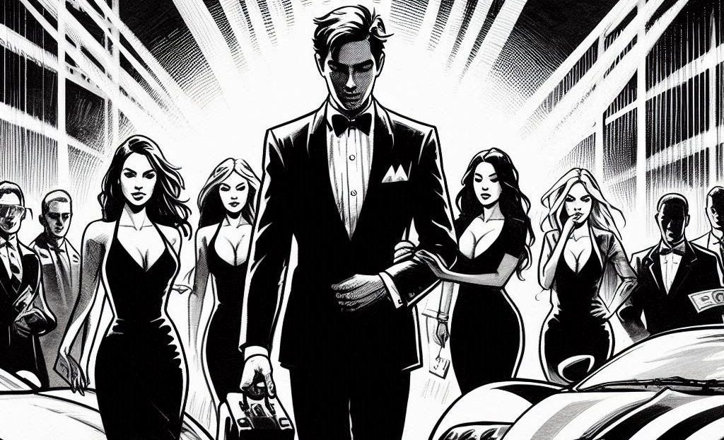 a man with status surrounded by cars, women and cash in black and white ink and gouache style
