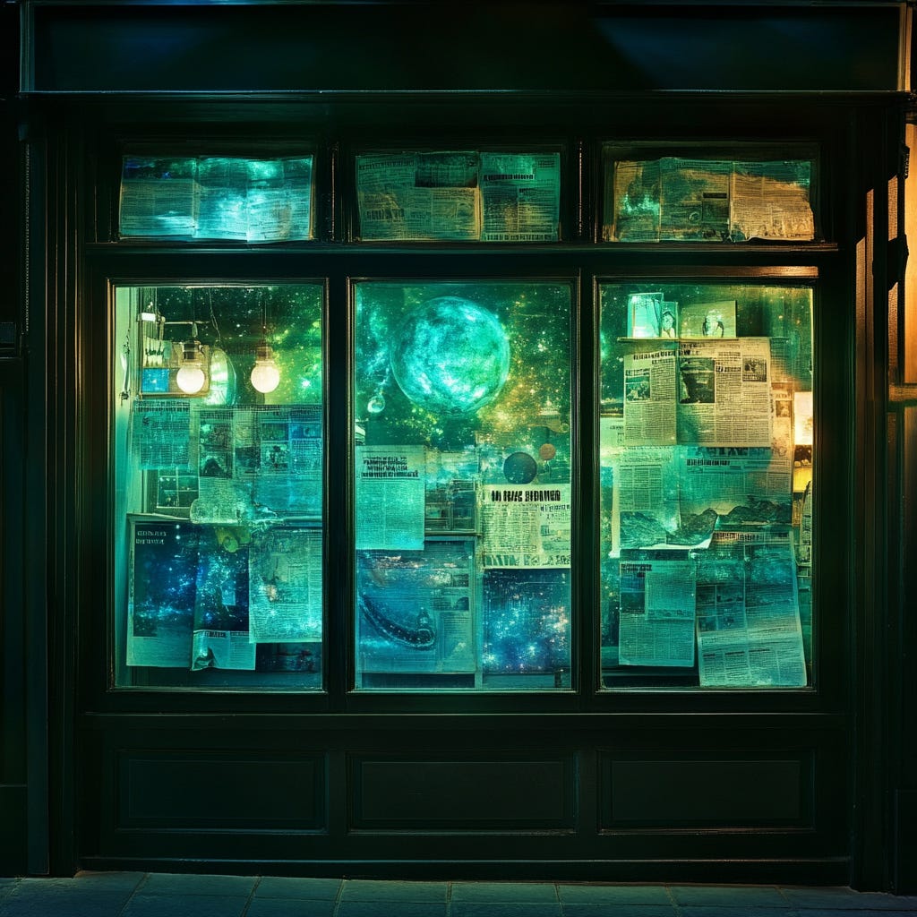 A nighttime photograph of a shop window covered in newspapers, glowing with an ethereal green-blue light. Behind the glass, images of planets and stars give the illusion of a cosmic scene, blending the mundane and the magical. Hanging lightbulbs add a soft, surreal glow to the display. A nighttime photograph of a shop window covered in newspapers, glowing with an ethereal green-blue light. Behind the glass, images of planets and stars give the illusion of a cosmic scene, blending the mundane and the magical. Hanging lightbulbs add a soft, surreal glow to the display.