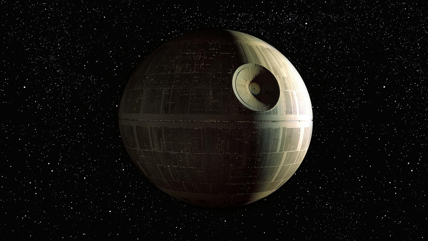 An image of the first Death Star set against a starfield