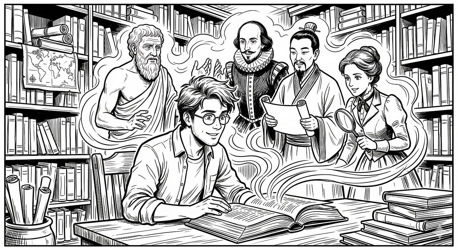 Black and white illustration of a person reading a book, with the ghostly figures of historical philosophers emerging from the pages. Black and white illustration of a person reading a book, with the ghostly figures of historical philosophers emerging from the pages.