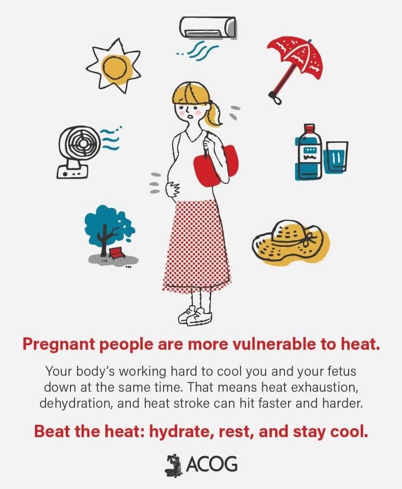 May be a doodle of text that says 'acog_org ACOG Suggested for you Follow 生： Pregnant people are more vulnerable to heat. Your body 's working hard to cool you and your fetus down at the same time. That means heat exhaustion, dehydration, and heat stroke can hit faster and harder. Beat the heat: hydrate, rest, and stay cool. ACOG 1,196 @14 14 693 acog_org Extreme heat is becoming'